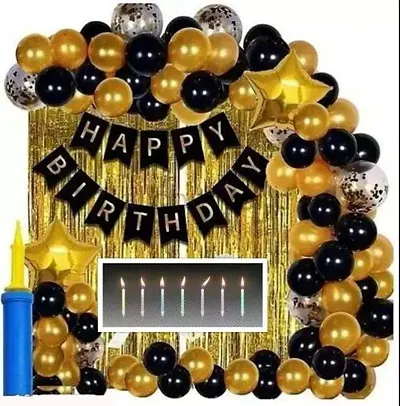 1 Happy Birthday Banner Black ,2-Star-Gold,2-Gold-Curtain,1-Pump, 3 Confetti Balloons, 1 Candle,30 Gold And Black Balloons