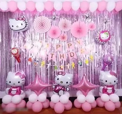Solid Kitty Birthday Set 40 of Balloons 1 Happy Birthday Pink Paper Banner 3 Hello Kitty Foil Balloon 2 Pink 2 Silver Star Foil Balloon 10 Inch 2 Pink Foil Curtain 30 Pink White Metallic Balloon, Set Of 40