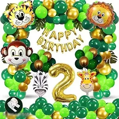Happy Birthday Decoretion Combo-1 Happy Birthday Golden Foil 20 Balloons Dark Green,20 Light Green,10 Golden Balloons, 5 Animals Foil 1 Arch,1 Glue Dots ,2 No Foil Balloon, Pack Of 71