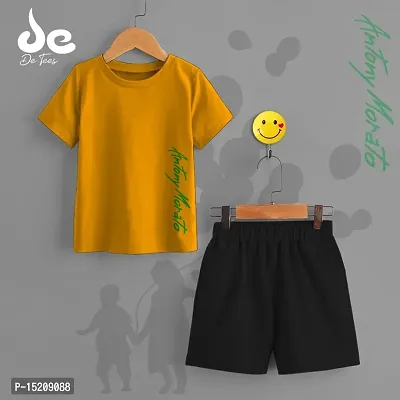 Yellow Cotton Blend Printed T Shirt and Shorts Set