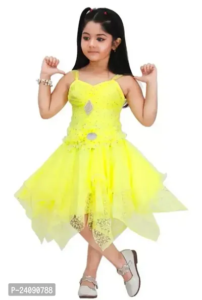 Fabulous Yellow Cotton Blend Embellished Dresses For Girls
