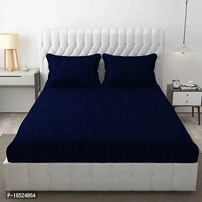 Roman Solid Satin Stripe Double Bed Bedsheet 90x100 Inches + 2 Pillow Cover for Home, Hotels, Guest House, PG. (Navy Blue)