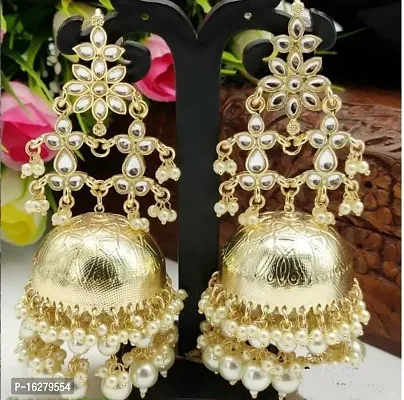 Golden Alloy Beads Jhumkas Earrings For Women