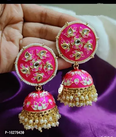 Pink Alloy Beads Jhumkas Earrings For Women