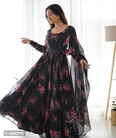 Elegant Black Printed Georgette Flared Gown With Dupatta