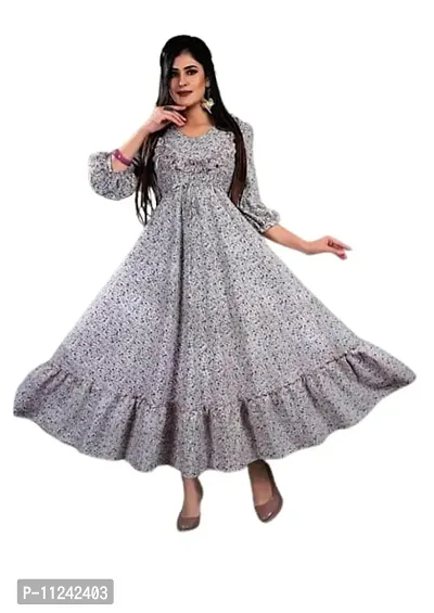 Elegant Silver Cotton Printed Stitched Ethnic Gown For Women-thumb0