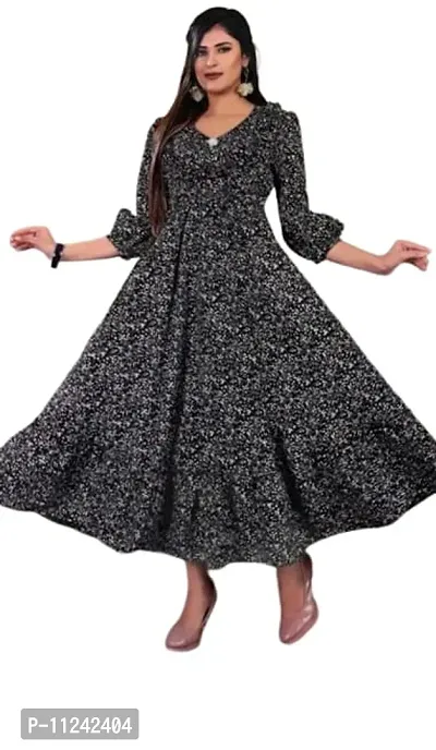 Elegant Black Cotton Printed Stitched Ethnic Gown For Women-thumb0