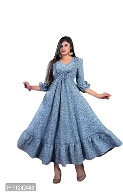 Elegant Blue Cotton Printed Stitched Ethnic Gown For Women