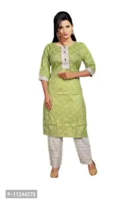 Reliable Green Cotton Self Design Kurta with Pant Set For Women-thumb0