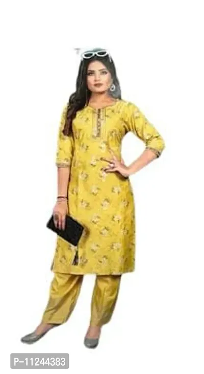 Reliable Yellow Cotton Self Design Kurta with Pant Set For Women-thumb0