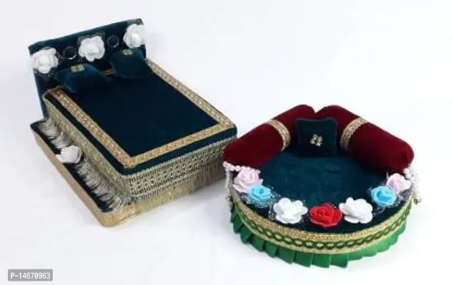 Classic Silk Combo Thakur Ji Singhasan / Laddu Gopal Ji Bed Usable 0 To 3 All Purpose Chowki  (Green, Pack Of 2)