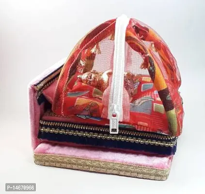 Classic Silk Thakur Ji and Laddu Gopal Ji Singhasan With Mosquito Net Usable 0 To 3 All Purpose Chowki  (Pink, Pack Of 2)-thumb0