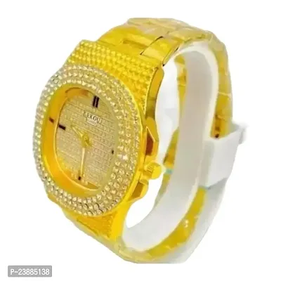 Classy Golden Colored Analog Wrist Watch for Men, Boys, and Gents with Crystal Diamonds Gold Dial Premium  Luxurious Stainless Steel Chain Branding for Weddings