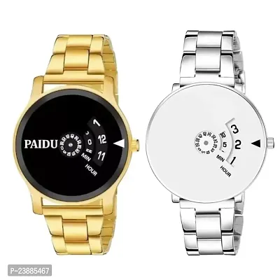 Elegant White Round Dial Gold Stainless Steel Chain Analog Wristwatch for Men and Boys Combo (Pack of 2 watches)-thumb0