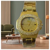 Classy Golden Colored Analog Wrist Watch for Men, Boys, and Gents with Crystal Diamonds Gold Dial Premium  Luxurious Stainless Steel Chain Branding for Weddings-thumb2