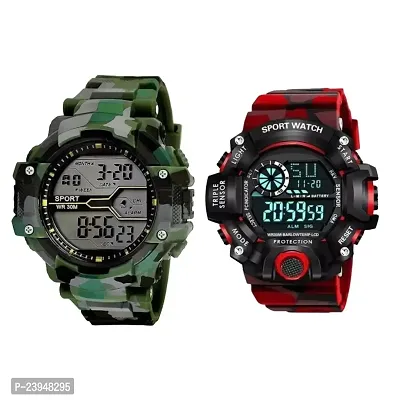 KIMY Digital Combo Sports Watch with Green Army Color Strap, Multi-Functional Automatic Shockproof  Combo Watch for Men and Boys (Pack of 2 Watch)