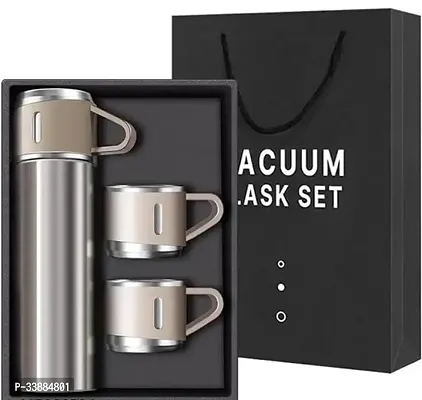 Stainless Steel Vacuum Flask Set with 3 Steel Cups-thumb0