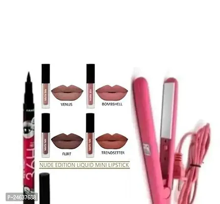 Combo Of Liquid Lipstick Set Of 4 Different Colours , 36 H Waterproof Long-Lasting Eyeliner , Hair Straightener Pack Of 6