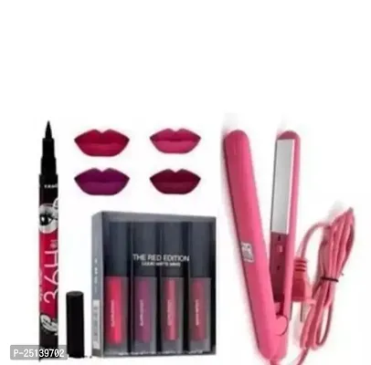 red matte liquid lipstick with 36 h eyeliner pencil and mini hair straightner-thumb0