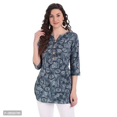 Women Floral Printed Crepe A-Line Top (Small, Blue)