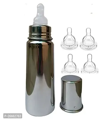 LEROYAL Baby Feeding Stainless Steel Bottle 250 ml with 4 Silicone Nipple