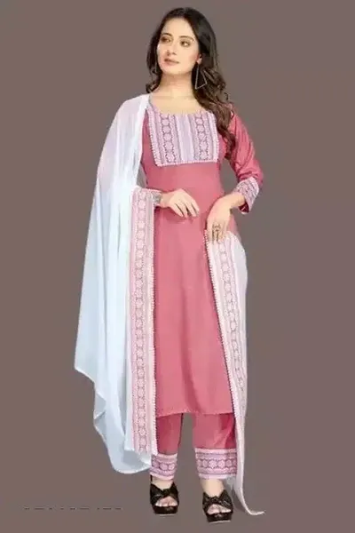 Stylish Cotton Blend Embroidered Kurta Bottom Dupatta Set