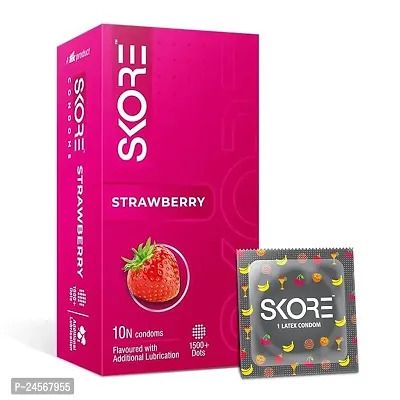 Skore Strawberry Flavored Condom | Strawberry Flavored Condoms | 1500+ Dots | 10 Pieces | Pack of 1