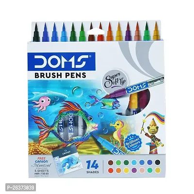 DOMS 14 Shades Brush Pen Box Pack | Super Soft Tip With Brilliant Colors | Water Based Ink Which Gives Water Color Effect | Free Canson Montval 5 Sheets Inside | Pack Of 1, Multicolor-thumb0