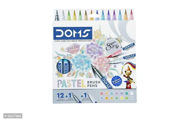 Doms Super Soft Tip Pastel Shades Brush Pen Set | 12 Pastel Shades + 1 Silver Shade + 1 Blender | Ideal for Doodling, Illustrations, Calligraphy, Artists, Studenst  Professioanls