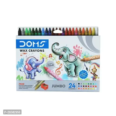 Doms 24 Shades Jumbo Wax Crayons | Smooth  Even Shading | Bright  Playful Colors | Free One Sharpner, Gold  Silver Crayon Inside | Non-Toxic  Safe for Childrens