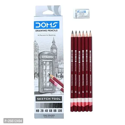 Doms Drawing  Sketching Graphite Pencils - Grade HB, 2B, 4B, 6B, 8B  10B | Hi Precision For Sketching | Dark  Neat Drawing | Comes With 1 Eraser (Pack of 6 x 5 Set)-thumb0