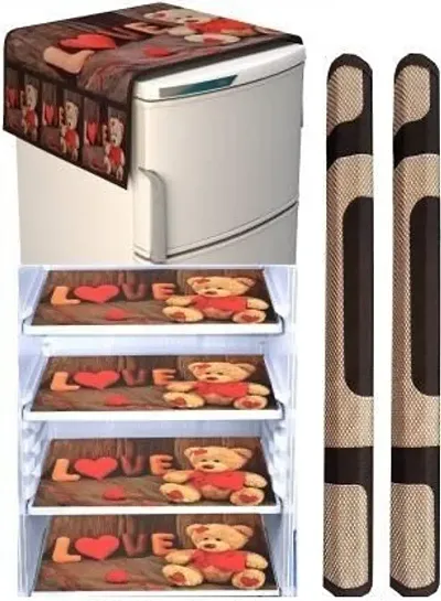 FRC DECOR Teddy Printed Refrigerator Cover 6 Piece Combo - 1 Decorative Top Cover(39 X 21 Inches) +2 Handle Covers(12 X 6 Inches) + 3 Fridge Mats(11.5 X 17.5 Inches) - Standard Size