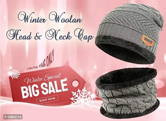 Woolen Winter Beanie Cap  Muffler for Kids,Mens  WomenSnow Proof Inside Fur Wool Unisex Beanie Cap with Neck Warmer Set Knit Hat Thick Fleece Lined Winter Hat-thumb0