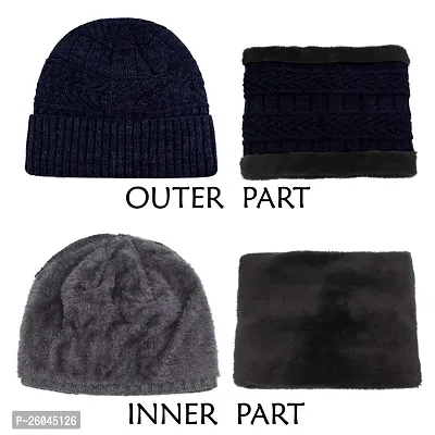 Woolen Winter Beanie Cap  Muffler for Kids,Mens  WomenSnow Proof Inside Fur Wool Unisex Beanie Cap with Neck Warmer Set Knit Hat Thick Fleece Lined Winter Hat-thumb3