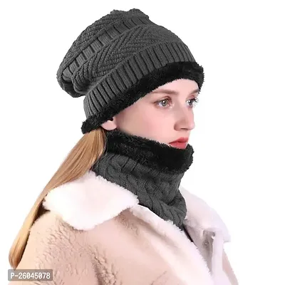 Woolen Winter Beanie Cap  Muffler for Kids, Mans and Women Snow Proof Inside Fur Wool Unisex beanie Topa Cap with Neck Warmer Set Knit Hat Thick Fleece Lined Winter Hat-thumb2