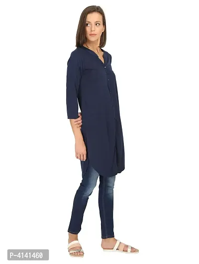 Stylish Cotton Navy Blue Solid Straight Full Button Placket Tunic Top For Women-thumb3