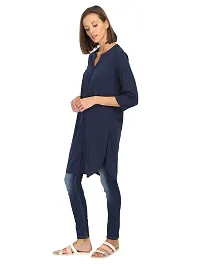 Stylish Cotton Navy Blue Solid Straight Full Button Placket Tunic Top For Women-thumb3