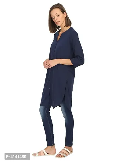 Stylish Cotton Navy Blue Solid Straight Full Button Placket Tunic Top For Women-thumb4