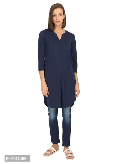 Stylish Cotton Navy Blue Solid Straight Full Button Placket Tunic Top For Women-thumb0