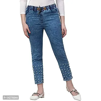 Coutume Collection Washed Bottom Pearl Blue Jogger Jeans for Women (L, Light Blue)