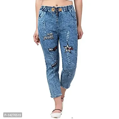 Coutume Collection Graphic Printed Blue Jogger Jeans for Women-thumb0