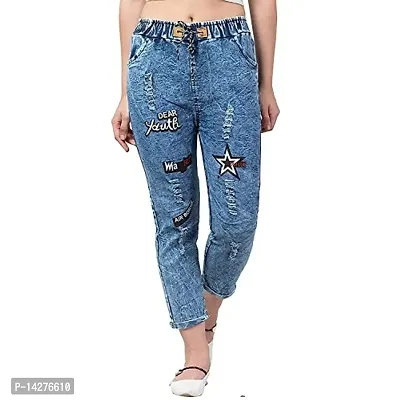 Coutume Collections Graphic Printed Blue Jogger Jeans for Women (L, Blue)