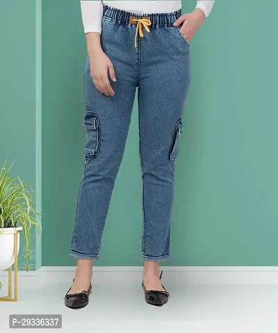 Stylish Blue Denim Solid Cargo Jeans For Women