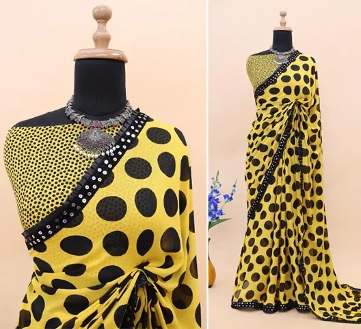 Polka Dot Printed Georgette Lace Border Sarees with Running Blouse