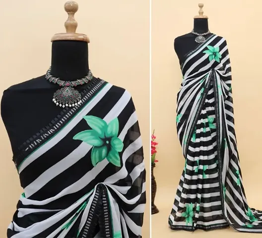 Zebra Printed Georgette Lace Border Sarees with Running Blouse
