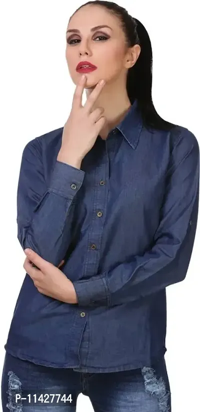 Stylish Fancy Roll- Up Sleeves Solid Denim Regular Fit Shirt Combo For Women Pack Of 2-thumb3