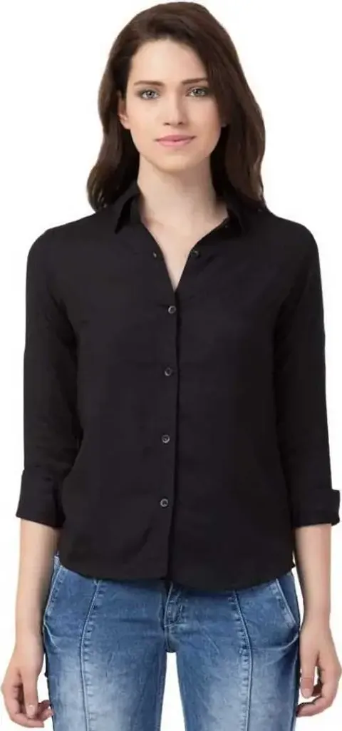 Stylish Fancy Roll- Up Sleeves Solid Rayon Regular Fit Shirt For Women