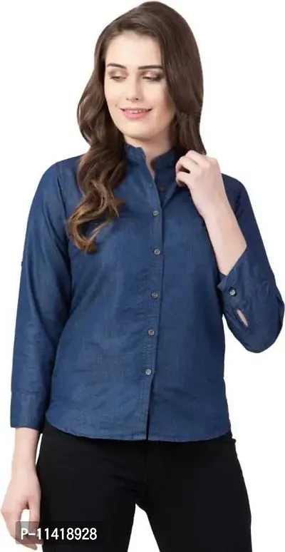 Stylish Fancy Denim Solid Regular Fit Shirt For Women-thumb0