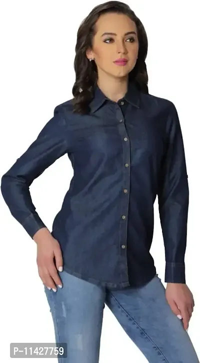 Stylish Fancy Roll- Up Sleeves Solid Denim Regular Fit Shirt Combo For Women Pack Of 2-thumb2