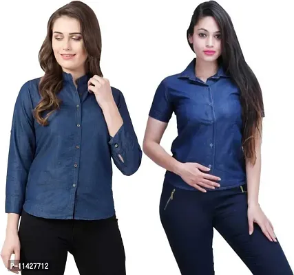 Stylish Fancy Roll- Up Sleeves Solid Denim Regular Fit Shirt Combo For Women Pack Of 2-thumb0